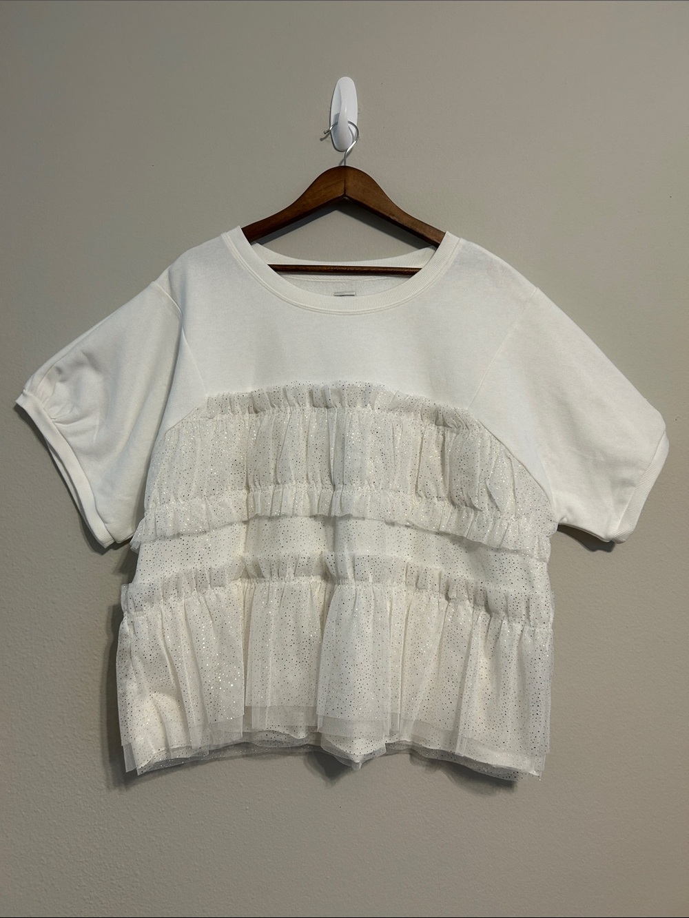 Maeve White Ruffle Tulle Short Sleeve Top